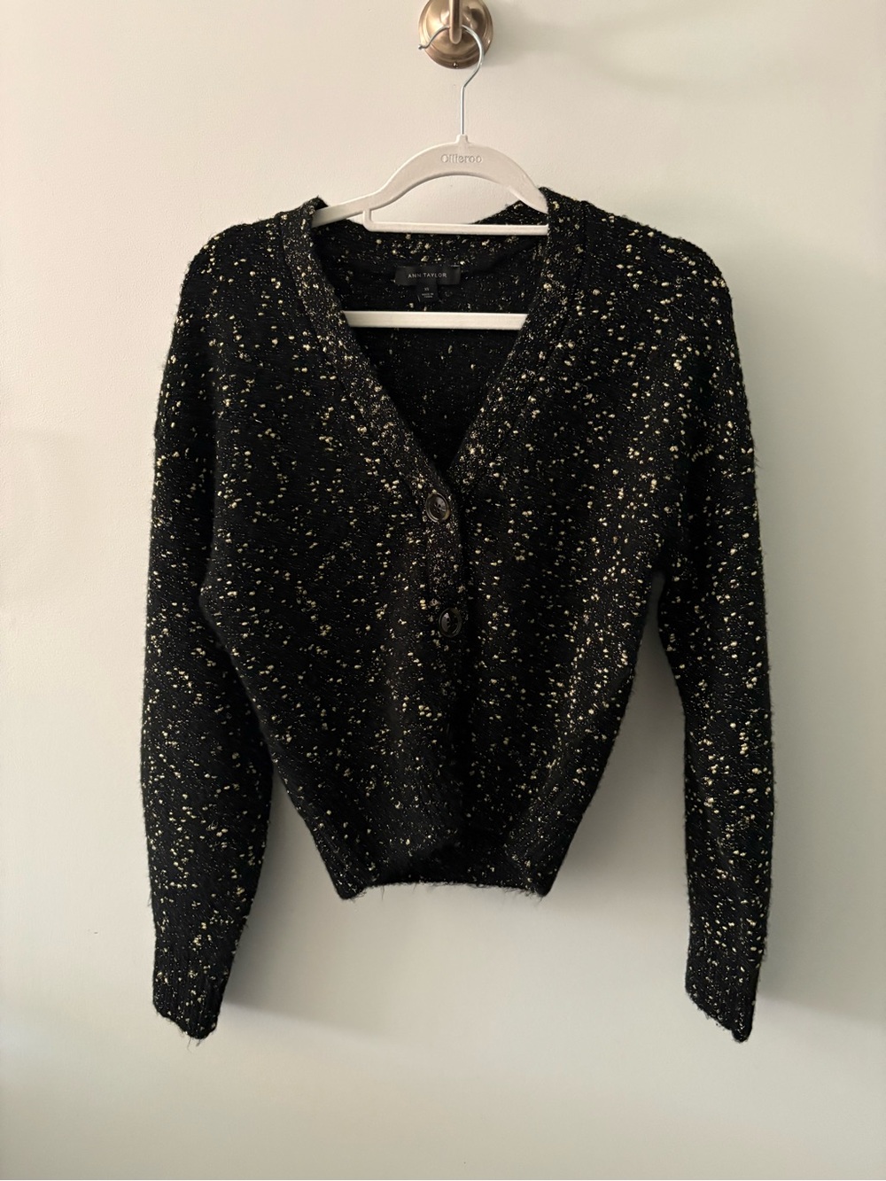Ann Taylor Black Speckled V-Neck Button Cardigan